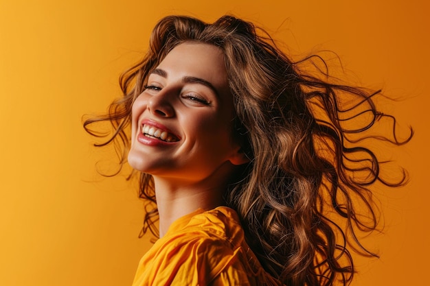 Ritratto di una bella giovane donna con i capelli al vento su uno sfondo arancione