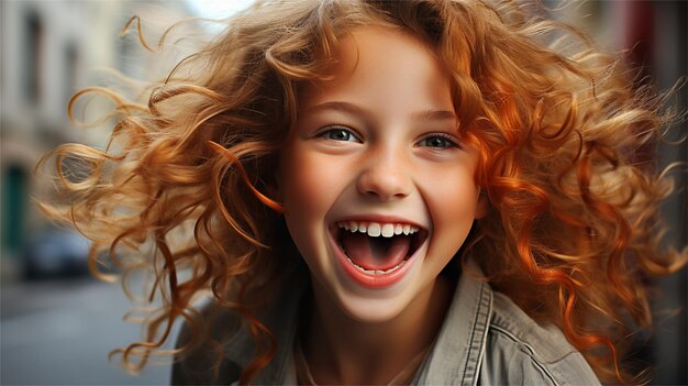 Ritratto di una bella giovane donna con i capelli lunghi ricci sorridendo e guardando la telecamera