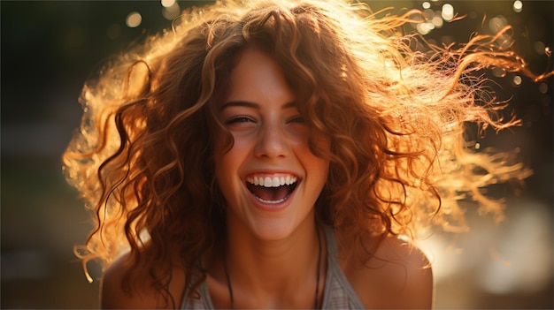 Ritratto di una bella giovane donna con i capelli lunghi ricci sorridendo e guardando la telecamera