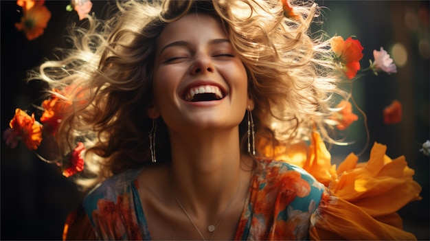 Ritratto di una bella giovane donna con i capelli lunghi ricci sorridendo e guardando la telecamera