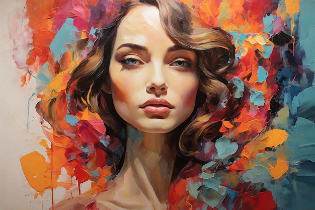 Ritratto di una bella giovane donna con i capelli ricci La moda della bellezza nella pittura astratta
