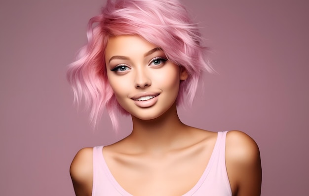 Ritratto di una bella giovane donna con i capelli rosa su uno sfondo rosa