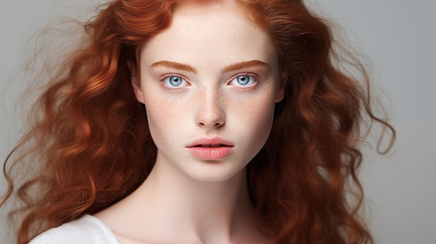 Ritratto di una bella giovane donna con i capelli rossi occhi blu dettagli della pelle bellezza naturale con macchie sul viso pubblicità di cosmetici profumi