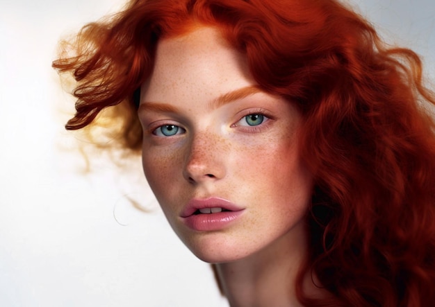 Ritratto di una bella giovane donna con i capelli rossi ricci e le freccette su uno sfondo biancoAI Generative