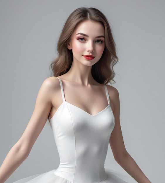 Ritratto di una bella giovane donna con il trucco in un abito bianco alla moda