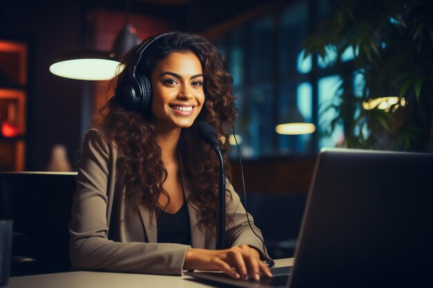 Ritratto di una bella giovane donna con le cuffie che parla in microfono alla stazione radio