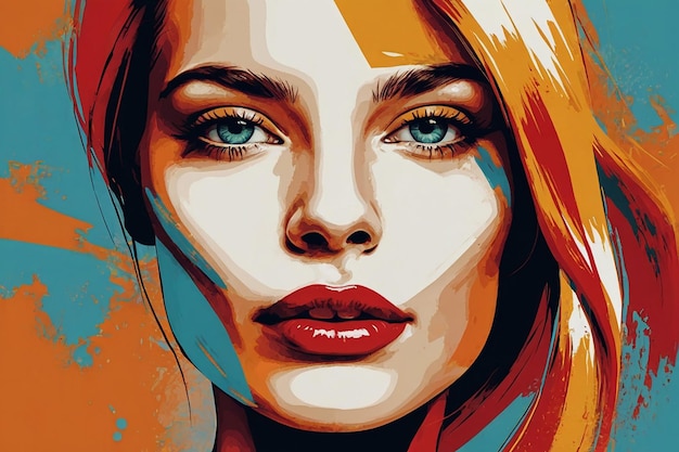 Ritratto di una bella giovane donna con le labbra rosse in stile pop art Illustrazione vettoriale