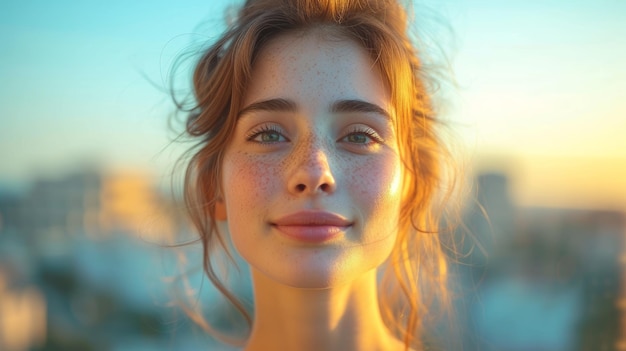 Ritratto di una bella giovane donna con le lentiggini sul viso AI generativa