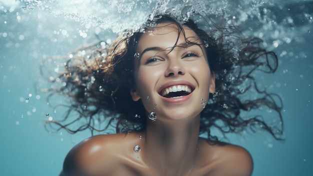 Ritratto di una bella giovane donna con spruzzi d'acqua sul suo viso bellissimo su sfondo blu