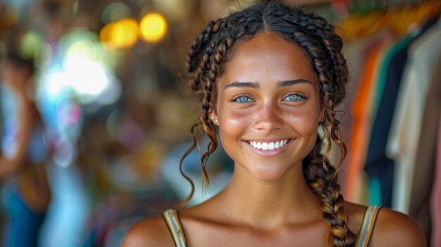 Ritratto di una bella giovane donna con trecce afro che sorride