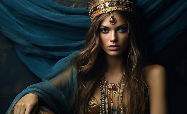 Ritratto di una bella giovane donna con trucco orientale e corona d'oro