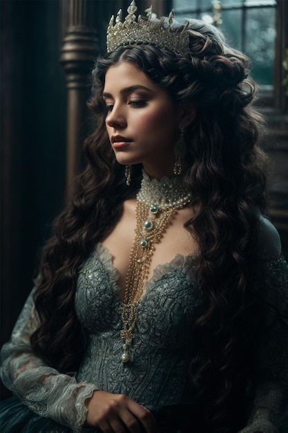 Ritratto di una bella giovane donna con un abito lussuoso e una corona