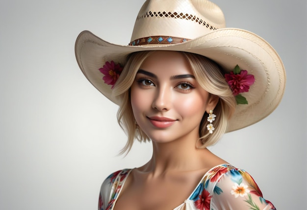 Ritratto di una bella giovane donna con un cappello di paglia con fiori