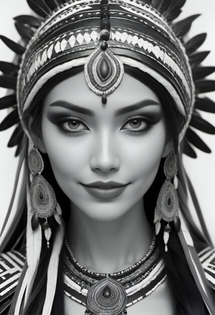 Ritratto di una bella giovane donna con un copricapo etnico in stile Boho
