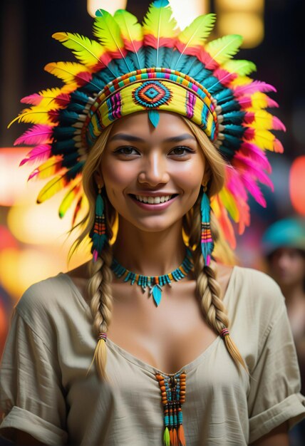 Ritratto di una bella giovane donna con un copricapo nativo americano