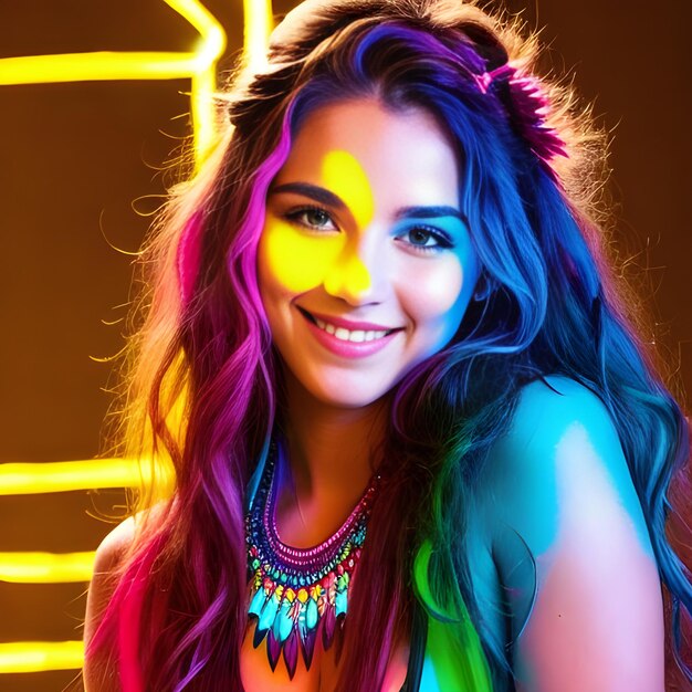 Ritratto di una bella giovane donna con un trucco colorato