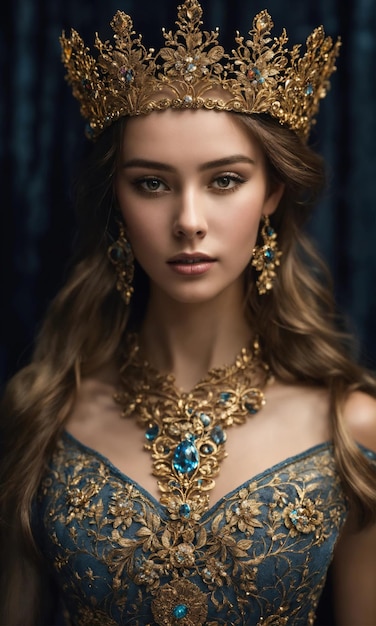 Ritratto di una bella giovane donna con una corona trucco e acconciatura di lusso ai generative