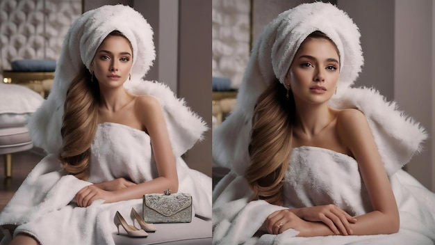 Ritratto di una bella giovane donna elegante dopo la spa coperta da un asciugamano