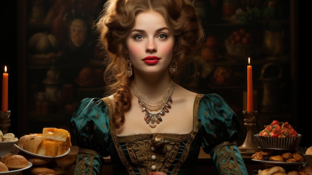Ritratto di una bella giovane donna in abito medievale su sfondo alimentare Stile retrò attrice