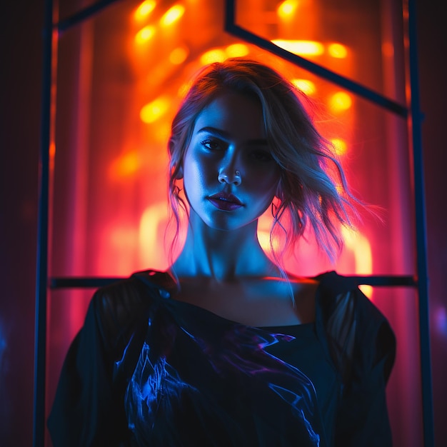 ritratto di una bella giovane donna in luci al neon con buio