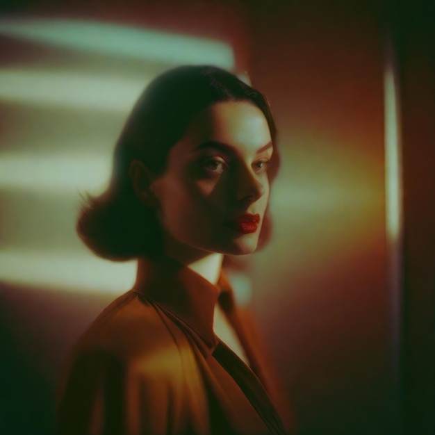 Ritratto di una bella giovane donna in una stanza buia con luce rossa Concetto di casa d'arte
