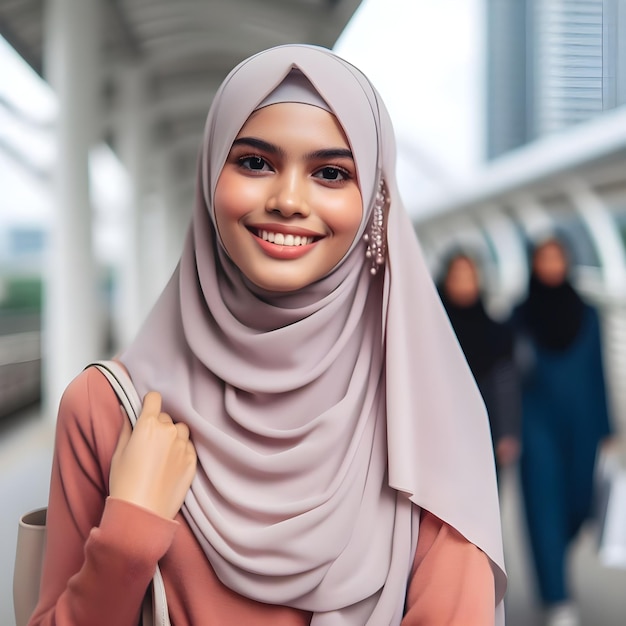 Ritratto di una bella giovane donna musulmana con l'hijab che sorride su uno sfondo grigio