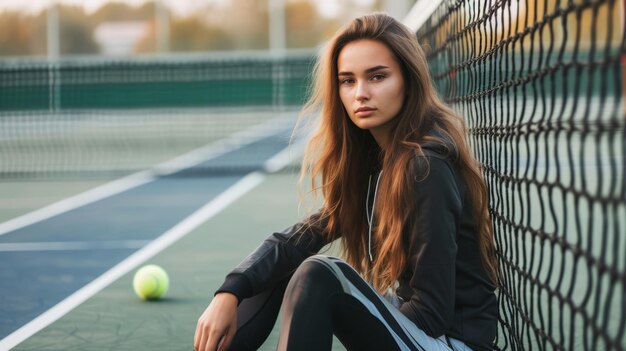 Ritratto di una bella giovane donna seduta vicino alla rete nel campo da tennis con la palla all'aperto