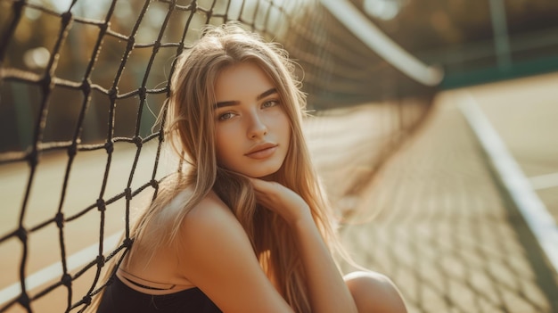 Ritratto di una bella giovane donna seduta vicino alla rete nel campo da tennis con la palla all'aperto