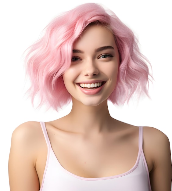 Ritratto di una bella giovane donna sorridente con i capelli corti rosa isolati su uno sfondo bianco