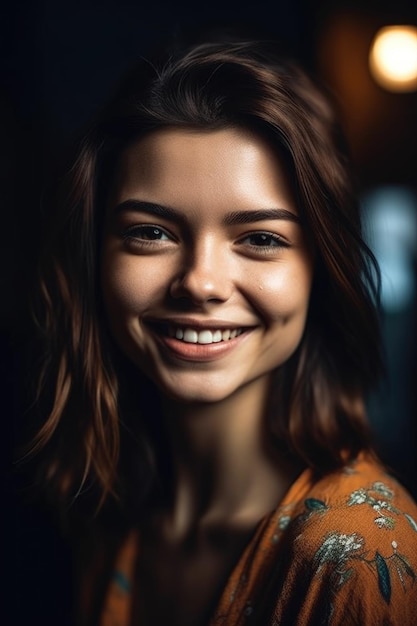 Ritratto di una bella giovane donna sorridente felicemente creato con l'IA generativa