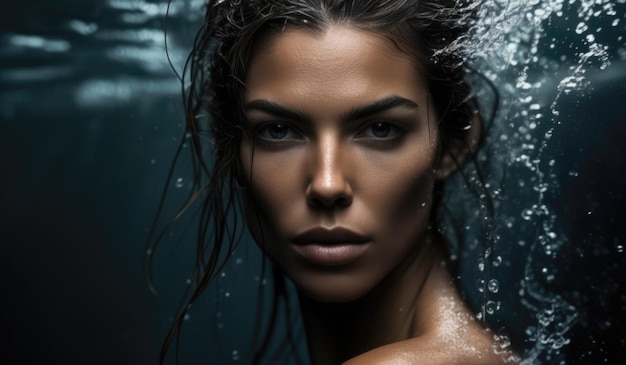 Ritratto di una bella giovane donna sott'acqua in primo piano generato dall'AI