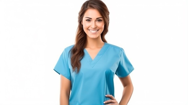Ritratto di una bella giovane infermiera di bell'aspetto sorridente in uno sfondo bianco