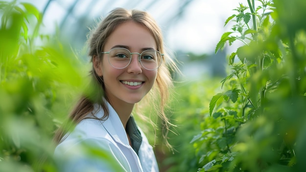 Ritratto di una bella giovane scienziata che lavora nel progetto di piantagione di case verdi Generative AI
