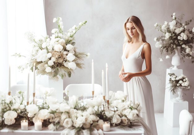 Ritratto di una bella giovane sposa con un mazzo di fiori