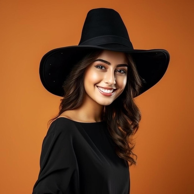 ritratto di una bella giovane strega sorridente con un cappello e una bacchetta magica su uno sfondo nero