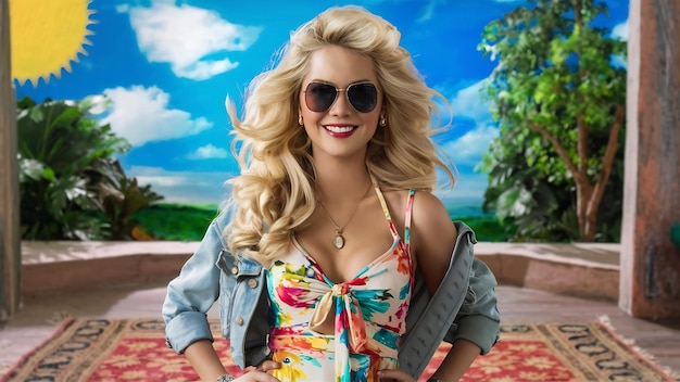 Ritratto di una bella modella bionda sorridente vestita con abiti hipster estivi