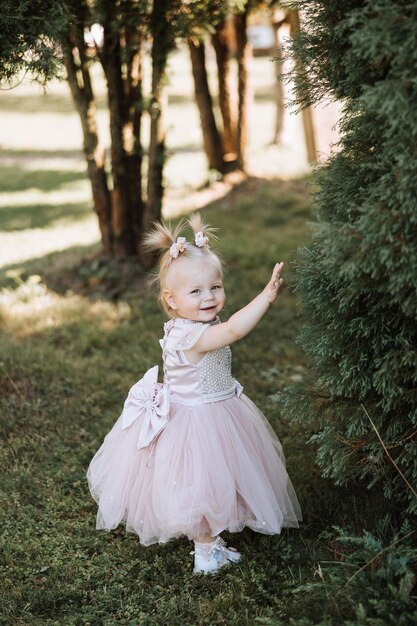 Ritratto di una bella piccola principessa in un vestito rosa in scena in un parco sull'erba verde bambino giocoso e felice