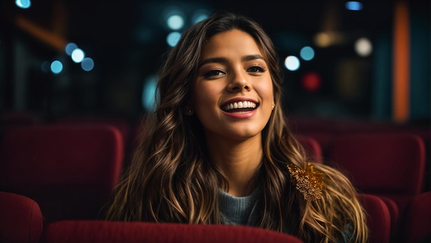 Ritratto di una bella ragazza al cinema felice e sorridente