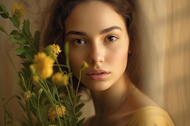 Ritratto di una bella ragazza bruna sullo sfondo di foglie e fiori Concetto di cosmetici naturali generazione di AI