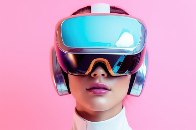 Ritratto di una bella ragazza che indossa occhiali futuristici per realtà virtuale su uno sfondo rosa pastello