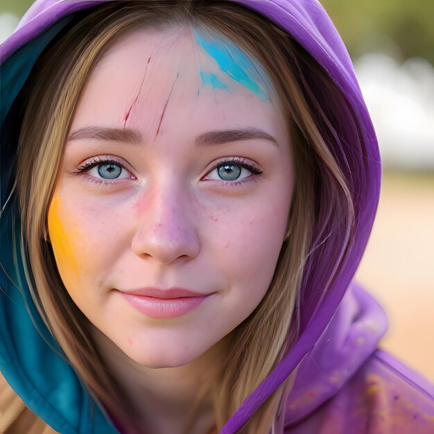 Ritratto di una bella ragazza che indossa un cappuccio colorato con spruzzi di vernice su tutto