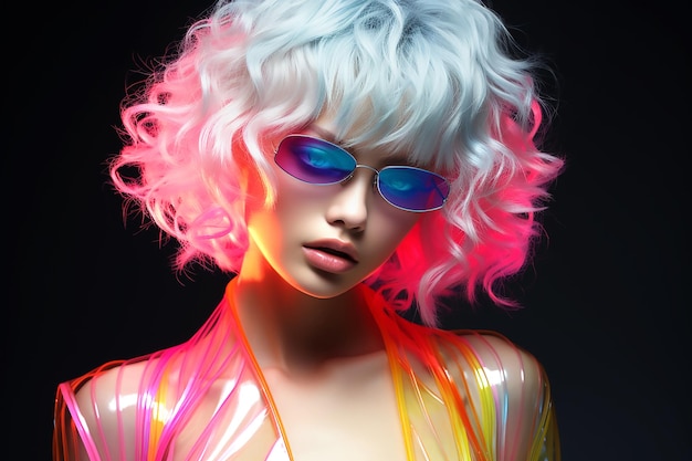 Ritratto di una bella ragazza con capelli arcobaleno al neon su sfondo nero AI generativa