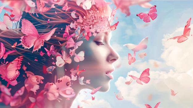 Ritratto di una bella ragazza con farfalle nei capelli rendering 3D