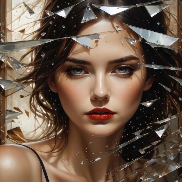 Ritratto di una bella ragazza con frammenti di vetro su uno sfondo scuro