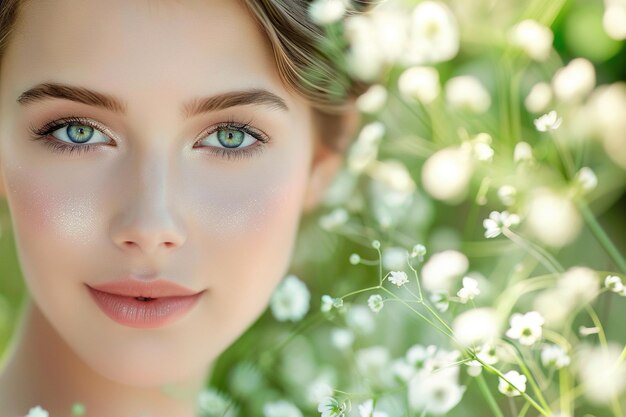 Ritratto di una bella ragazza con trucco naturale con fiori di primavera