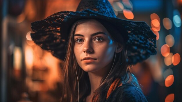 Ritratto di una bella ragazza con un cappello sullo sfondo della notte citygenerative ai