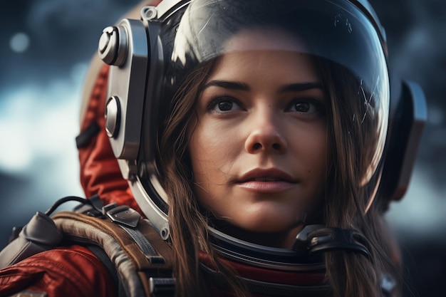 Ritratto di una bella ragazza con un casco da astronauta Cosmonautica