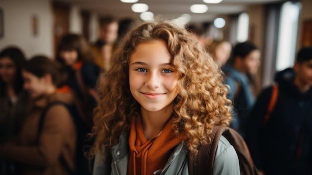 Ritratto di una bella ragazza con uno studente di scuola di capelli ricci che cammina lungo il corridoio