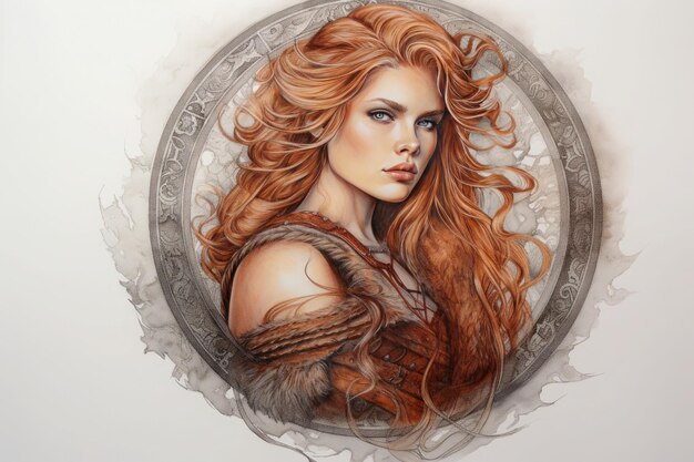 Ritratto di una bella ragazza dai capelli rossi con i capelli lunghi Pittura nello stile dell'acquerello AI generativa