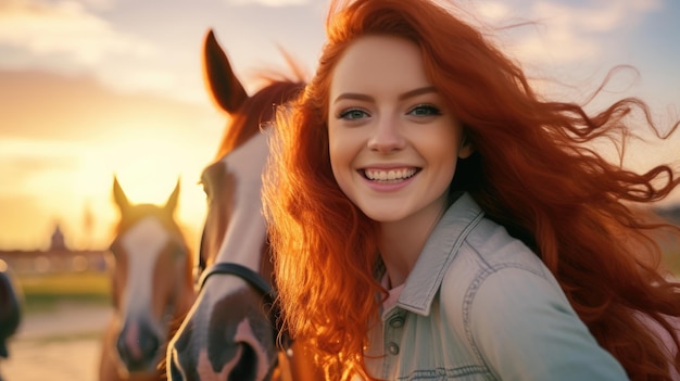 Ritratto di una bella ragazza dai capelli rossi sullo sfondo di cavalli